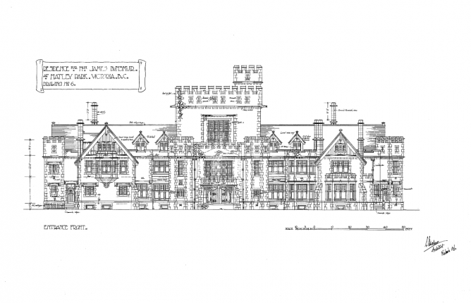 Architectural drawing of Hatley Castle entrance