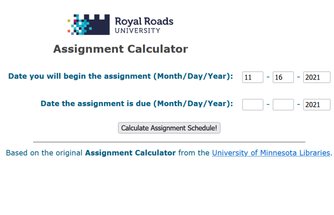 Screenshot of assignment calculator