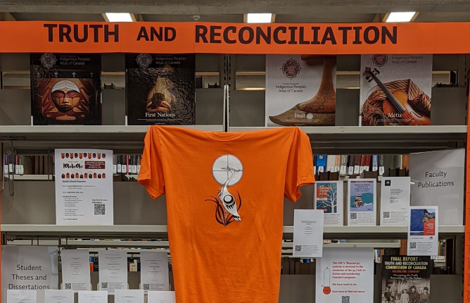 Truth and Reconciliation display photo of Truth and reconciliation display at RRU Library