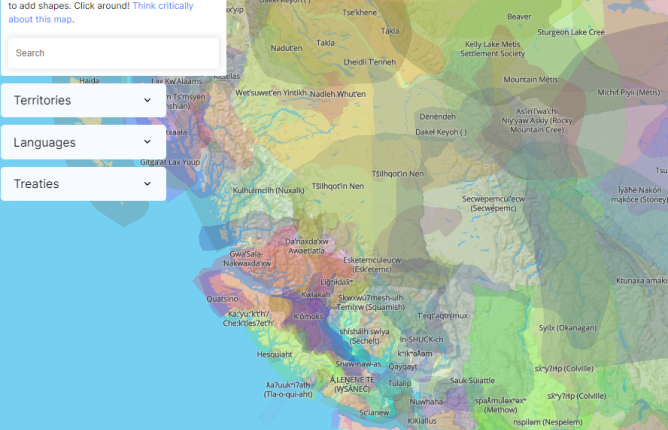 screenshot of a map of western North America showing overlapping Indigenous territories