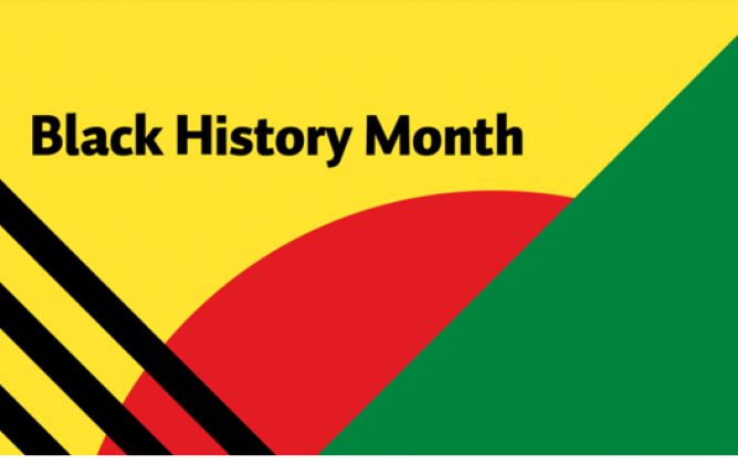 Black History Month banner - yellow, red, green and black shapes display a banner in celebration of Black History Month