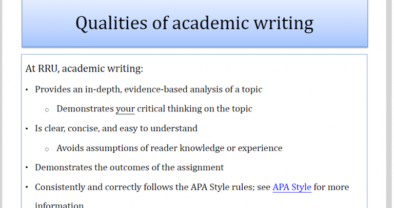 Intro screen for qualities of academic writing video