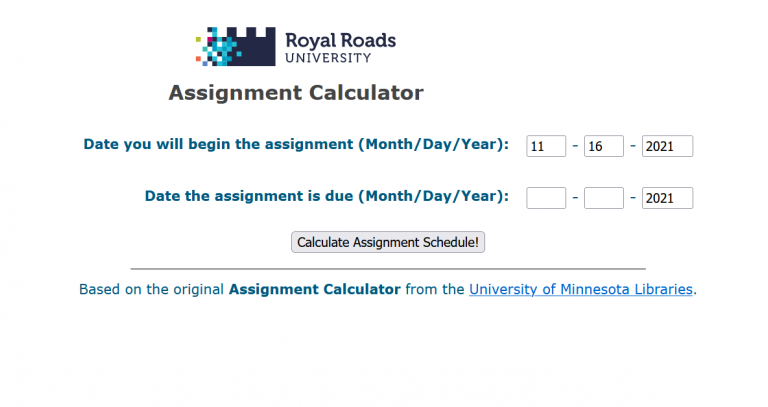 Screenshot of assignment calculator