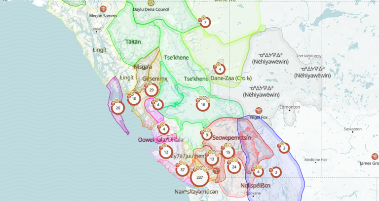 Screenshot of First Peoples' Map of BC showing intersecting colour-coded Indigenous territories