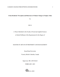 Urban Residents' Perception and Behaviour of Climate Change in Tianjin, China