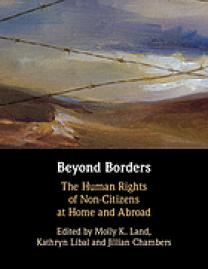 Title page of Beyond Borders, background is a painted sunset sky over a desert that lies behind a barbed wire fence.